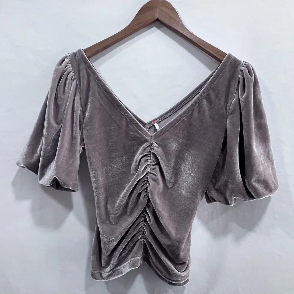 Free People Cupcake Velvet Top Taupe Brown Ruched Puff Sleeve Women's XS